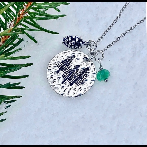 Pine Tree Necklace, silver hand stamped, new with charms, GREAT CHRISTMAS GIFT! - Picture 2 of 2